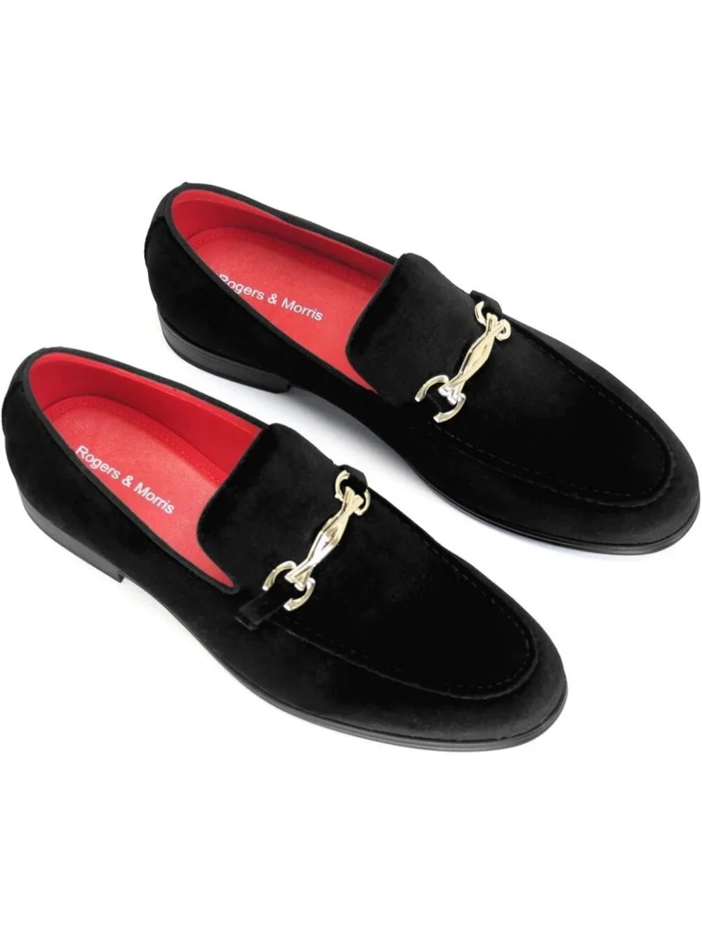 Rogers & Morris Men's Black Velvet Loafers Metal Buckle Luxury Horsebit Shoes
